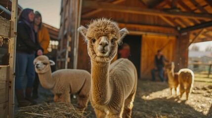 Obraz premium Stock Photography, Lesbian couple running alpaca farm. Rural pasture, shearing wool from gentle animal. Barn with handmade products visible, visitors petting baby alpacas