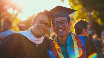 Fototapeta premium Stock Photography, Gay parents at child's graduation ceremony. University quad, beaming with pride. Graduate in cap and gown, posing for family photos