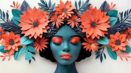 Vibrant Paper Arts Collage Featuring a Woman's Face with Colorful Floral Elements and Intricate Details