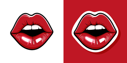 Obraz premium Glossy colored and sexy red lips. Vector illustration isolated on white background. Hot kiss sticker lips with red lipstick