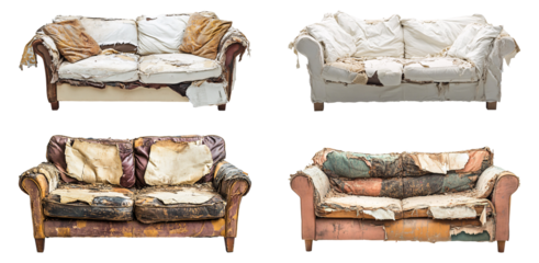 Tattered, and old modern sofa isolated transparent background, PNG set