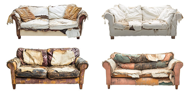 Tattered, and old modern sofa isolated transparent background, PNG set