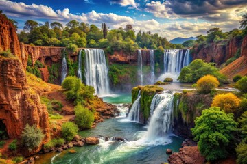 Canyon Splendor: Majestic waterfalls, vibrant cliffs, lush vegetation; serene, awe-inspiring, layered, warm, earthy tones