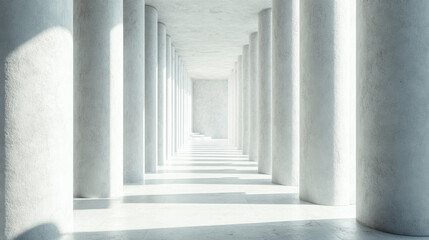Fototapeta premium A long, narrow hallway with white pillars