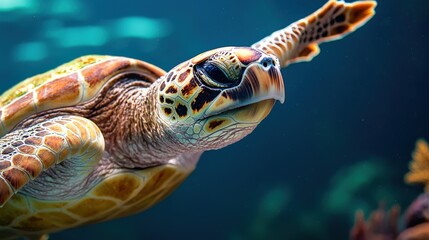 Fototapeta premium Graceful sea turtle swimming through a coral reef with vibrant marine life