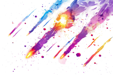 A meteor shower with colorful explosions on a white background