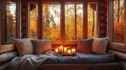 Fototapeta premium Cozy autumn interior with candles, pillows, and a large window overlooking a golden forest. AI generated image