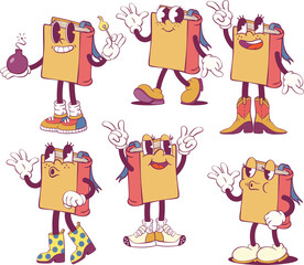 Books retro groovy mascot characters set