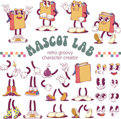 Book retro groovy mascot creation kit, mascot parts collection