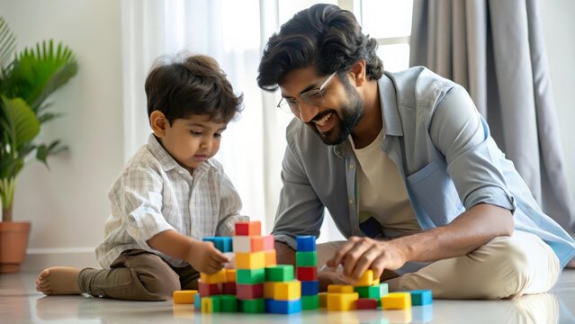 Father and Son Building Blocks - Indian dad and son having fun building with toy blocks on the floor.
