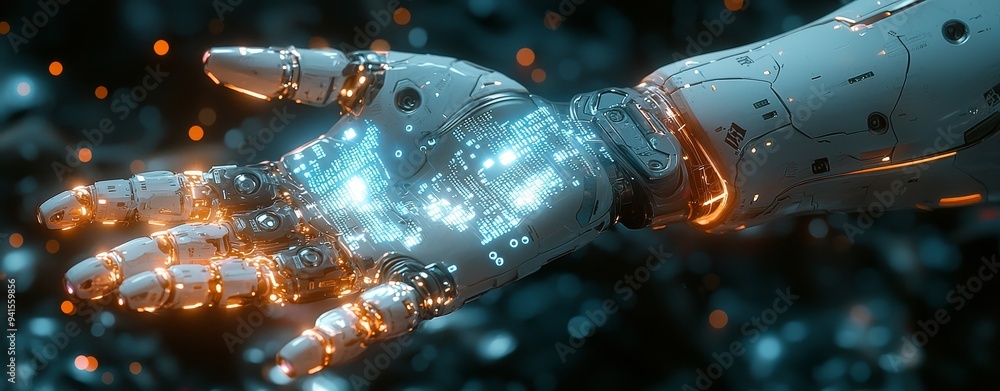 Poster robot finger pointing design with information datum and connection hologram for futuristic robotic m