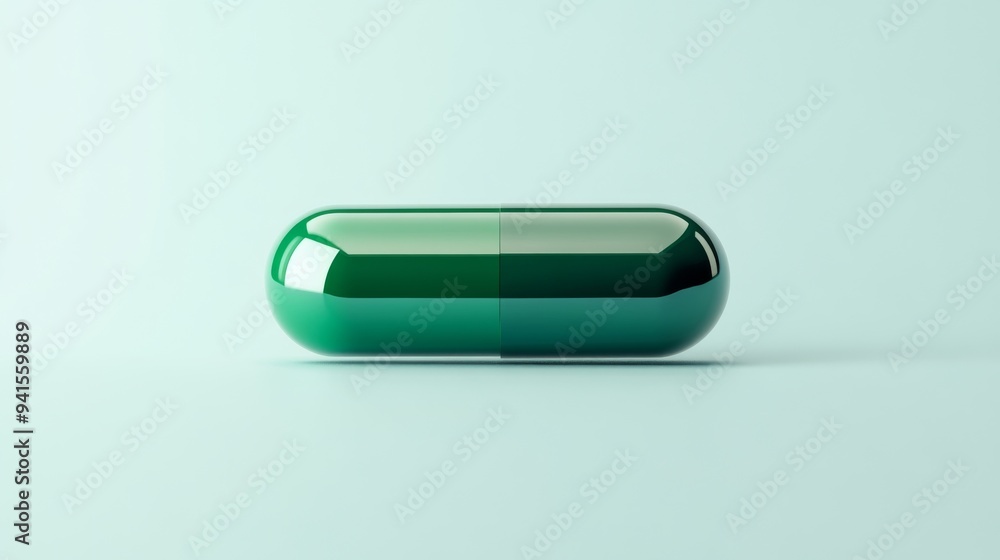 Poster a 3d simple style icon of a glossy green pill with a reflective surface and a faint shadow isolated 