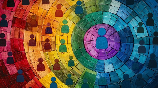 Colorful segmented circles with human icons representing market segmentation and target audience.