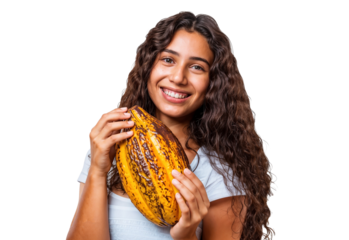 A smiling woman holding a cocoa bean, isolated on transparent background