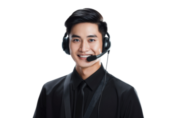 Portrait of a smiling Asian call center operator worker with a headset, isolated on transparent background
