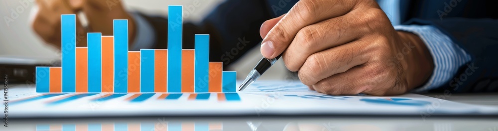 Poster close-up of a businessman's hands using a pen to analyze financial data shown on graphs and charts. 