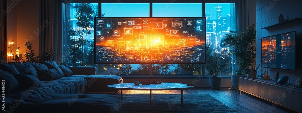 Poster Dashboard for smart home screen controller with online connection and devices control through home network schedule and routine automation, IOT and futuristic hologram interface