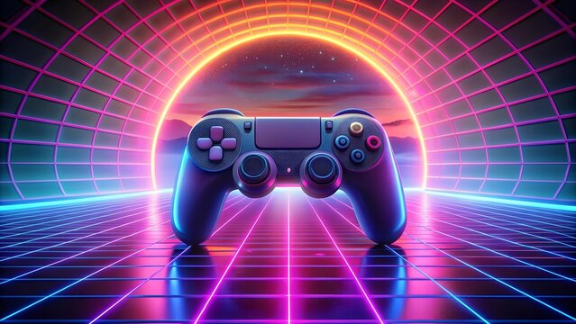 The Game Controller Glows in a Neon Landscape  Generative AI