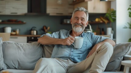 Fototapeta premium Happy middle aged man holding coffee cup relaxing on couch at home. Smiling mature older man drinking tea looking at camera sitting on cozy sofa chilling in modern kitchen living room. Portrait. 