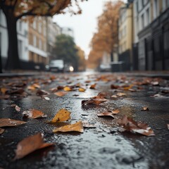 Rainy autumn street in a city with fallen leaves reflecting on the wet pavement. AI generated image