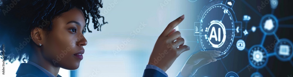 Poster a young professional woman interacting with a futuristic ai interface, showcasing the blend of techn