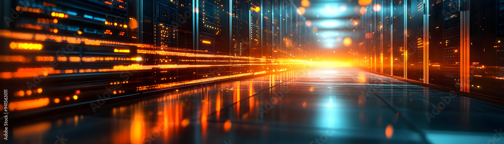 Poster photo realistic as it specialist using a glossy server interface in a data center concept as camera 