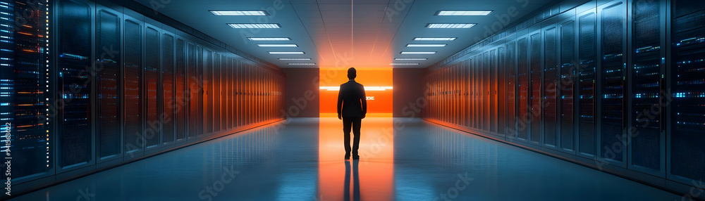 Poster photo realistic as it specialist using a glossy server interface in a data center concept as camera 