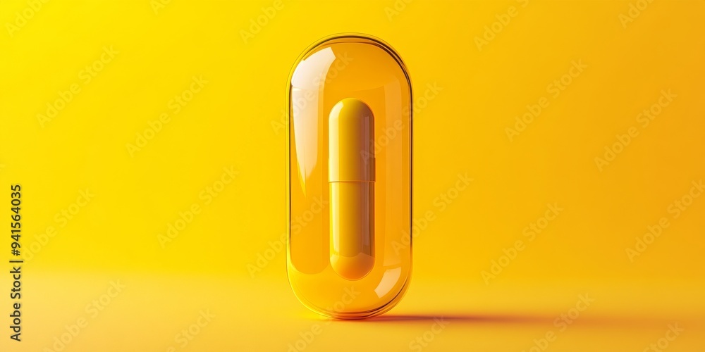 Poster a 3d simple style icon of a transparent yellow capsule with liquid inside and a soft shadow below sy