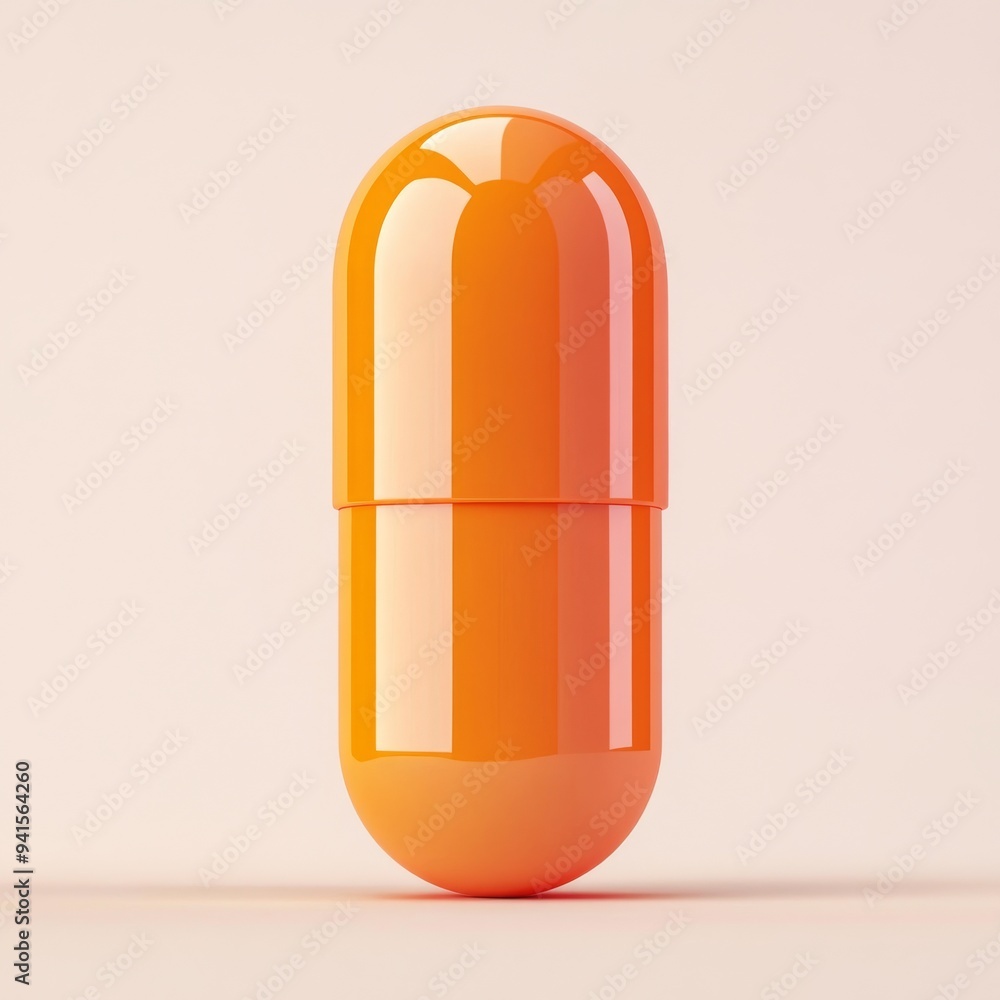 Poster a 3d simple style icon of a round orange vitamin pill with a smooth surface and gentle shadow isolat