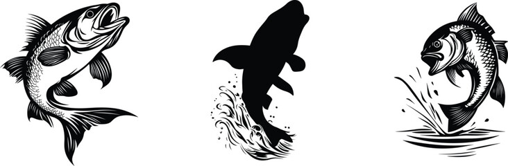 Set of bass fish, logo design, vector illustration.