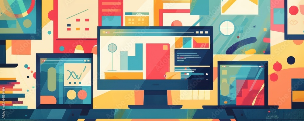 Poster colorful digital workspace with multiple screens displaying data charts, graphs, and analytics. mode