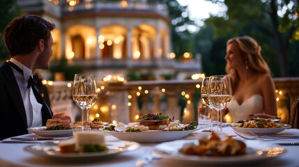 A man and woman are sitting at a table with wine glasses and plates of food