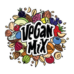 Bright hand drawn vector logo Vegan mix with colorful mix of nuts, fruits and berries in the doodle style on a white background