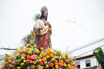Statue with image of Jesus Christ is seen during procession of the Sacred Heart of Jesus in the historic center of the city of Salvador, Bahia.