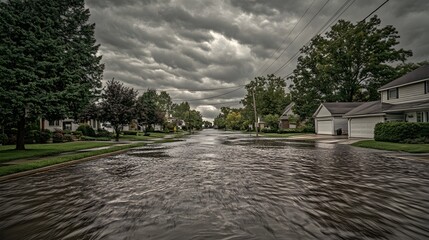 Urban environment photography surreal flooded suburban streets from a ground-level perspective