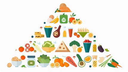 Fototapeta premium Colorful illustration of a balanced food pyramid with various food groups, promoting healthy eating habits and proper nutrition.