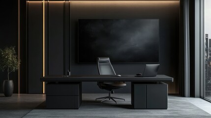 Dark Minimalist Office Interior: A sleek and modern office space with dark grey walls, sleek lines, and a minimalist aesthetic. The room is bathed in soft light