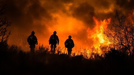 Obraz premium Firefighters silhouetted against a dramatic wildfire backdrop.