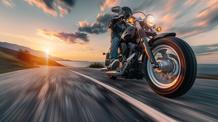 Motorcycle Rider Enjoying Sunset Ride on Open Road