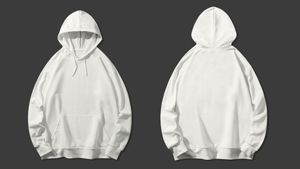 White hoodie front and back view, plain design, no graphics. Suitable for showcasing apparel...