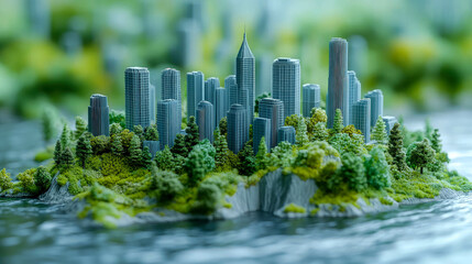 Fototapeta premium Eco-friendly mock-up of a futuristic green city surrounded by lush trees