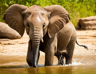 Cute Baby Elephant Playing In The Water.  Ai generated image