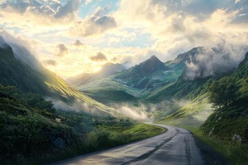 Breathtaking mountain landscape featuring a winding road, lush greenery, and dramatic skies illuminated by the morning sun.