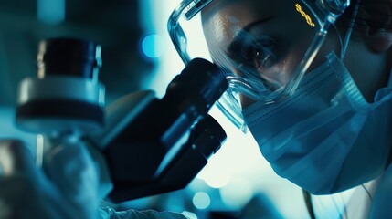 Advancements in science with a female scientist using a microscope and personal protective equipment in a lab. Expert conducting biotechnology research and analyzing samples for healthcare