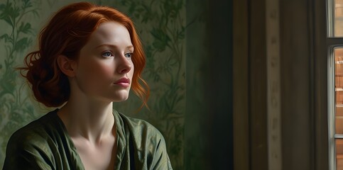 Captivating auburn-haired woman exudes calm, peaceful self-assurance
