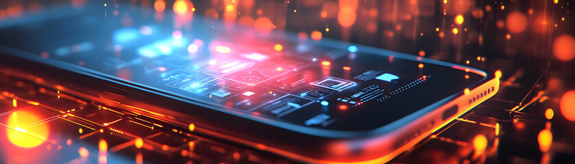 Photo Realistic as Mobile Phone with Holographic IoT Icon and Sensor Icon concept as A photo featuring a mobile phone with a glossy glowing holographic IoT icon and sensor icon. The objects are positi