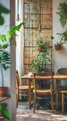 Contemporary interior of a café or restaurant featuring modern furniture, plants, and an open layout ideal for dining, lunch, or coffee breaks with stylish decor