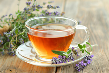 Fototapeta premium A glass cup of herbal tea with lavender and thyme on the side.