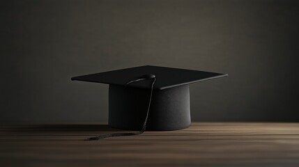 A black graduation cap resting on a wooden surface, symbolizing academic achievement.