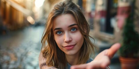 Obraz premium Portrait of a young woman sitting on the street, reaching out with her hand. Represents education, motivation, and freedom in youth